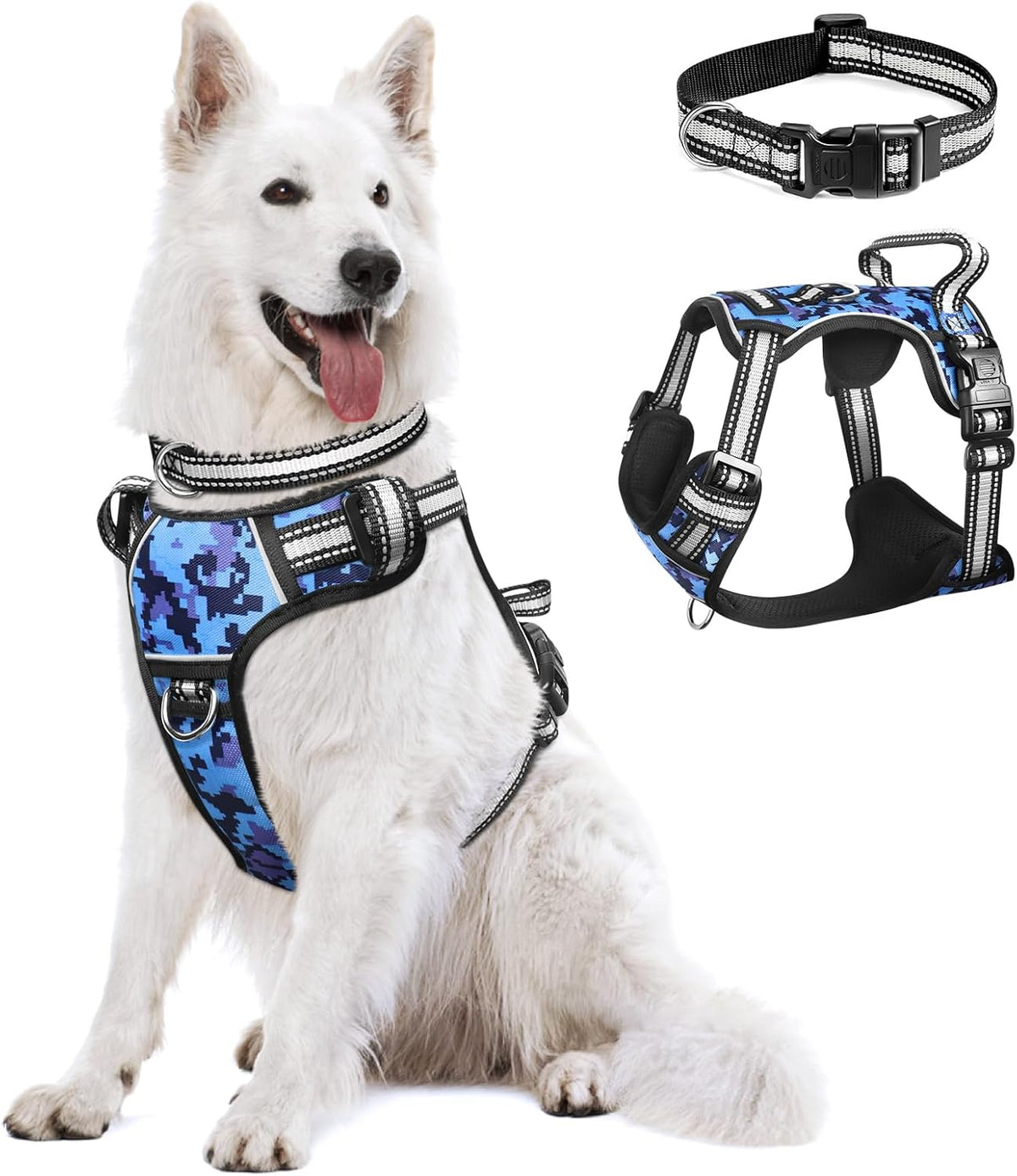 Reflective no-pull dog harness with adjustable straps and front and back leash clips.