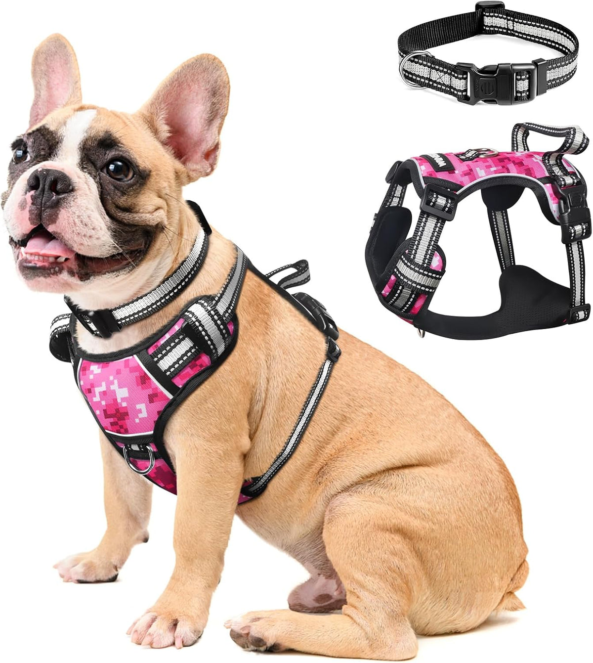 Reflective no-pull dog harness with adjustable straps and front and back leash clips.