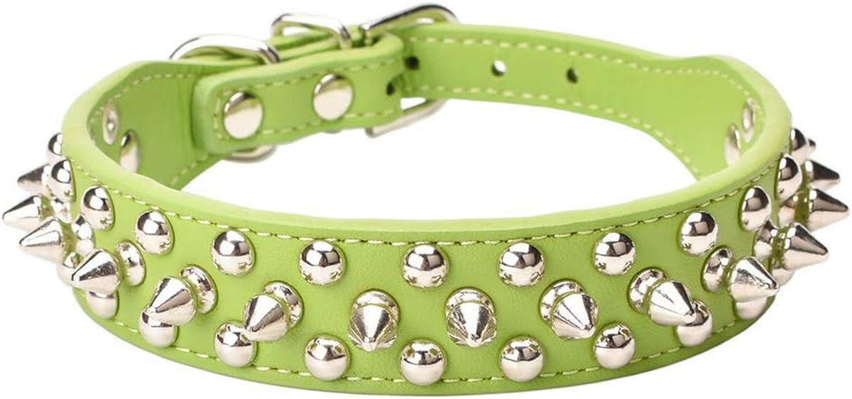 Green spiked rivet dog collar with silver hardware