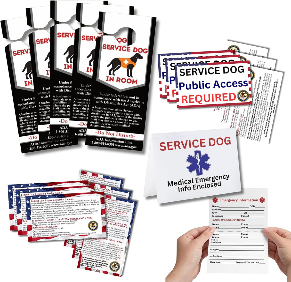 Service dog information packet with service-animal information cards, fill-in emergency medical cards, and door hangers.