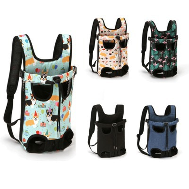 Pet chest carrier bag with adjustable straps and breathable mesh panels for small dogs and cats.