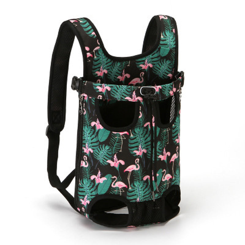 Pet chest carrier bag with adjustable straps and breathable mesh panels for small dogs and cats.