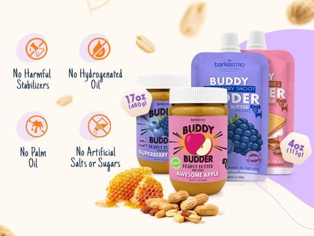 Buddy Budder dog peanut butter treats available in assorted flavors