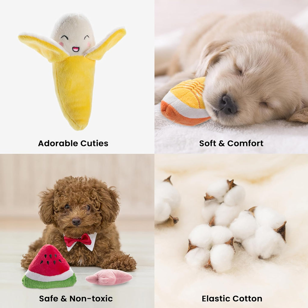 Nocciola 12-piece plush squeaky dog toy set with assorted soft toys and carrying bag.