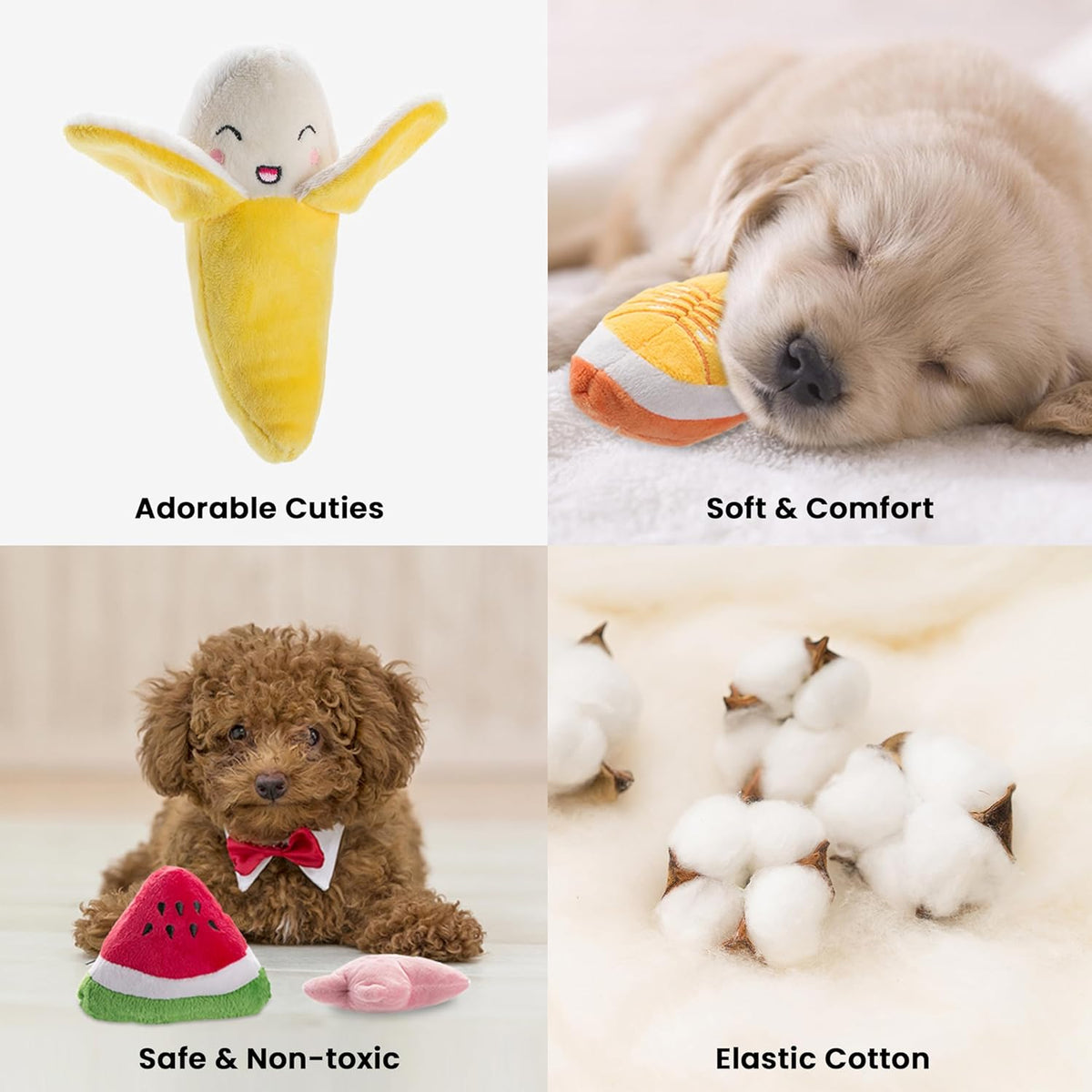 Nocciola 12-piece plush squeaky dog toy set with assorted soft toys and carrying bag.