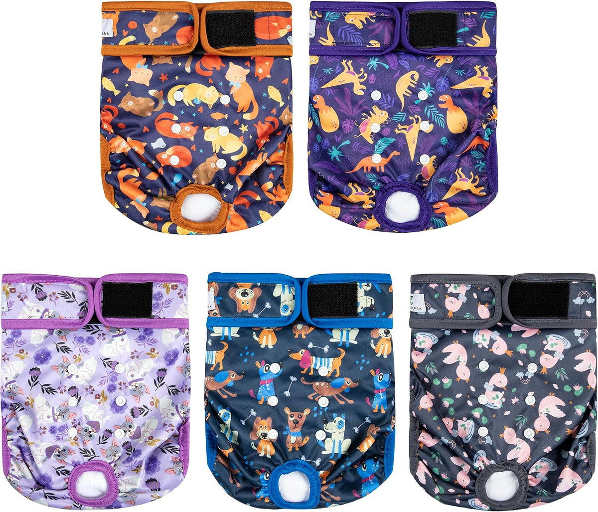 Washable female dog diaper with adjustable fit.