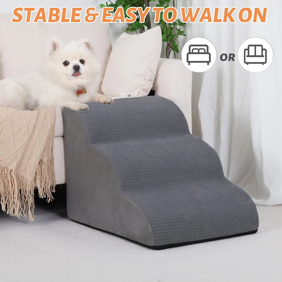 3-tier non-slip dog ramp and stairs for beds and couches.