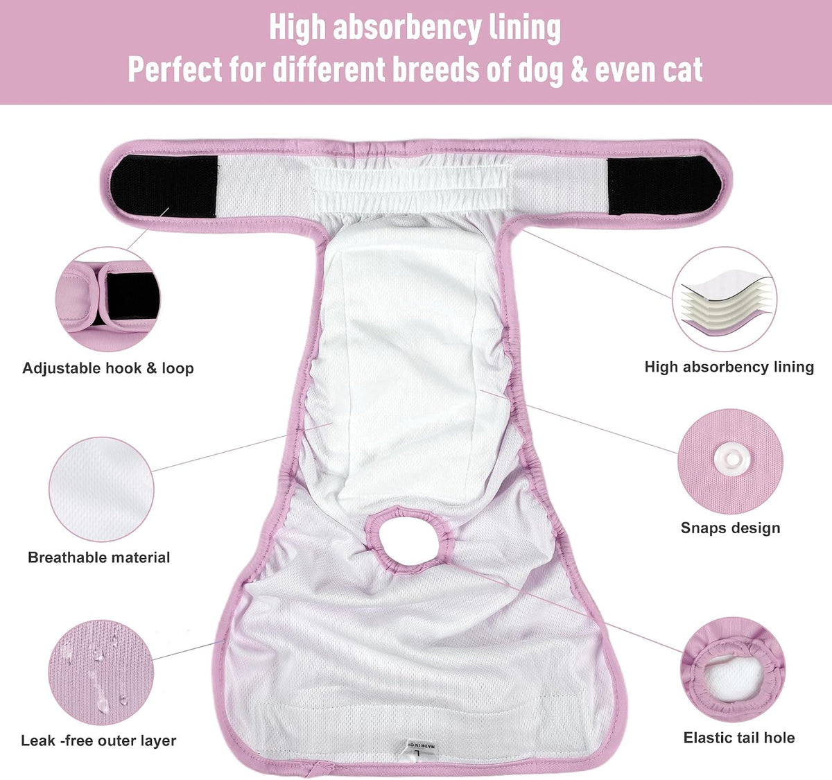 Washable female dog diaper with adjustable fit.