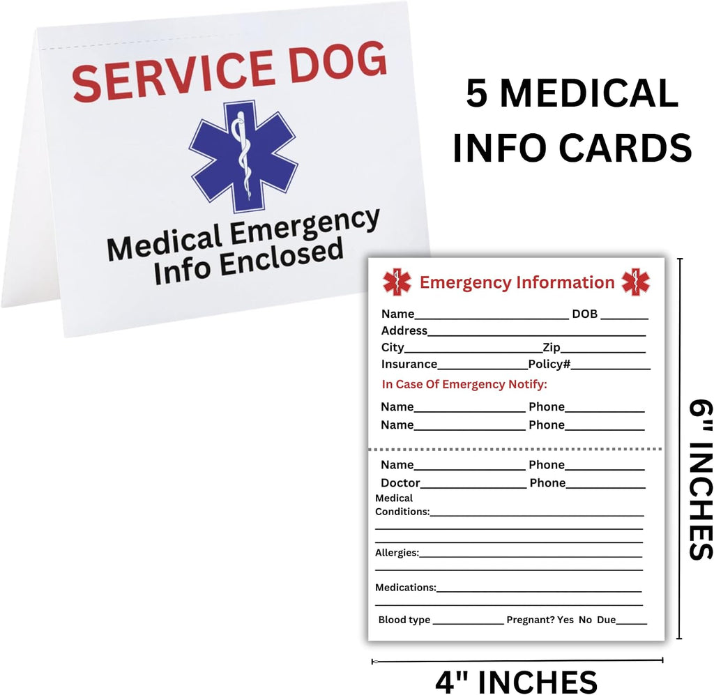 Service dog information packet with service-animal information cards, fill-in emergency medical cards, and door hangers.