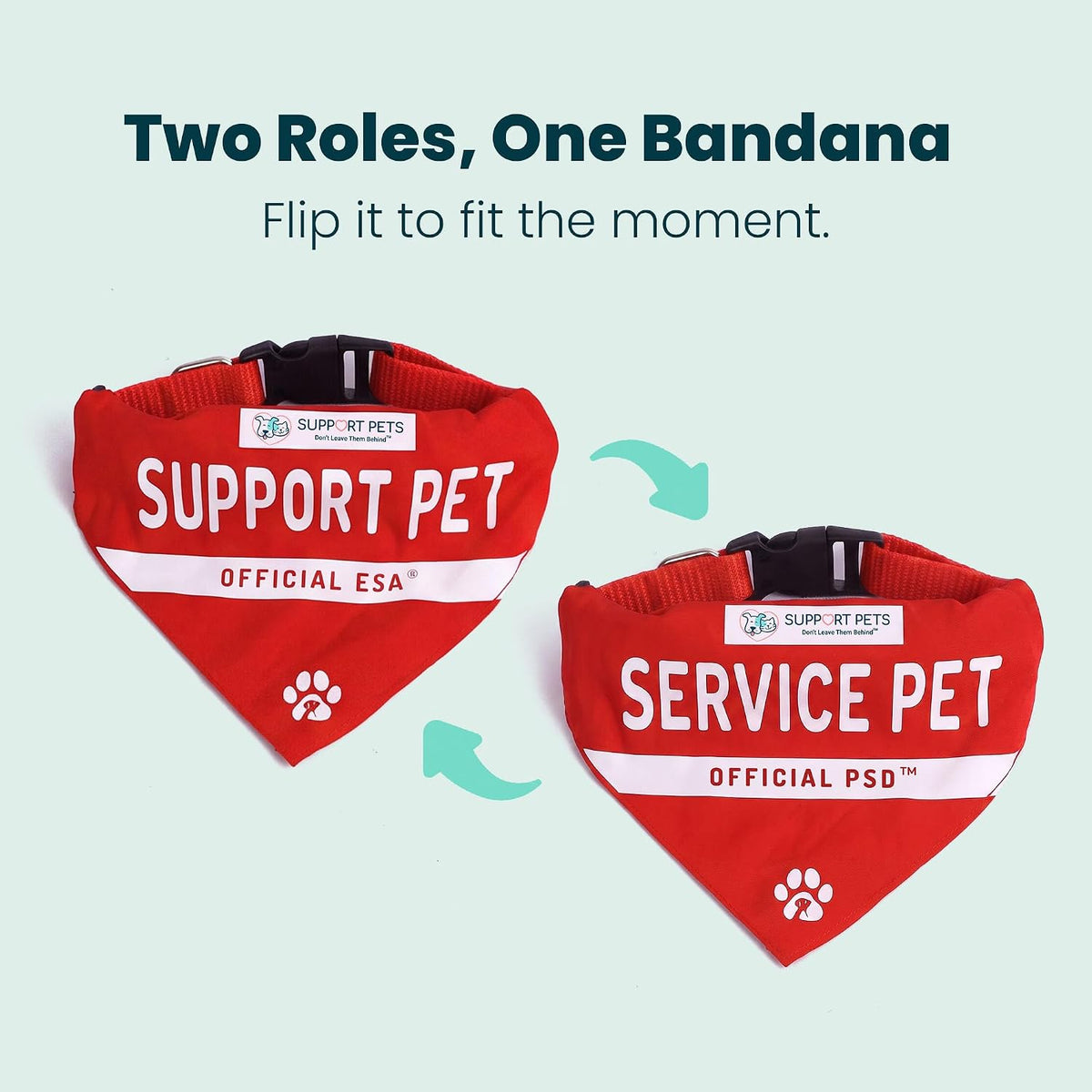 Red reversible support-pet bandana with ESA and PSD lettering.