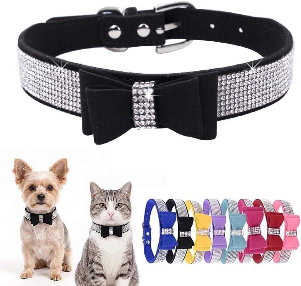 Black rhinestone bow dog collar with silver crystal band