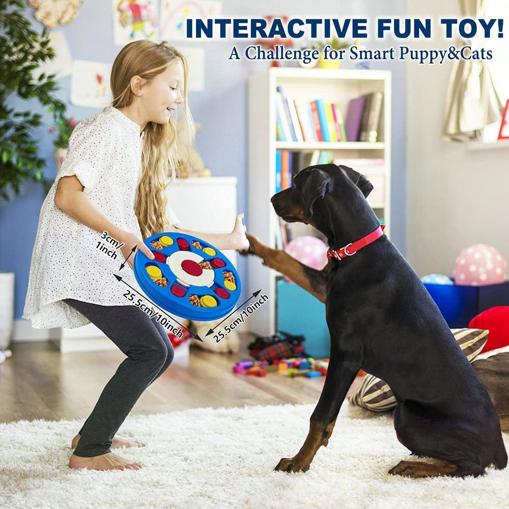 Interactive dog puzzle toy with treat dispenser.