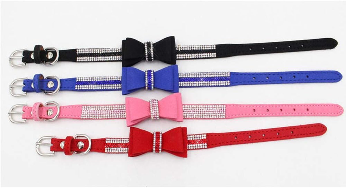Rhinestone bow collars in black, blue, pink, and red
