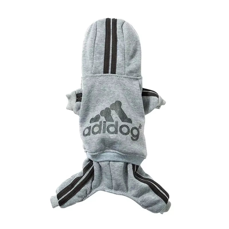 Gray Adidog dog jumpsuit with black stripes