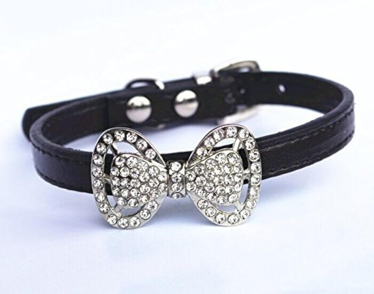 Black rhinestone bow tie cat collar