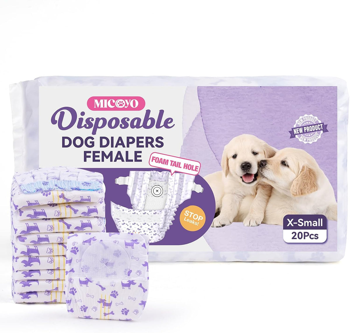 Disposable female dog diaper with absorbent padding and tail opening.