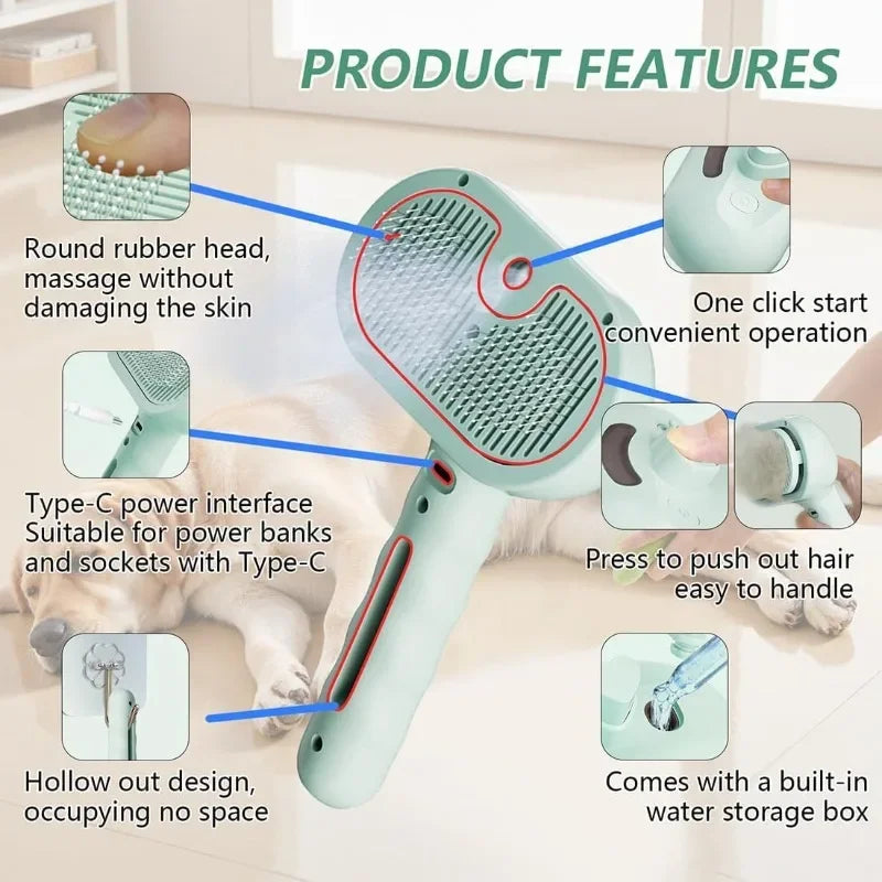 Electric Steam Pet Grooming Brush — Spray Comb for Cats