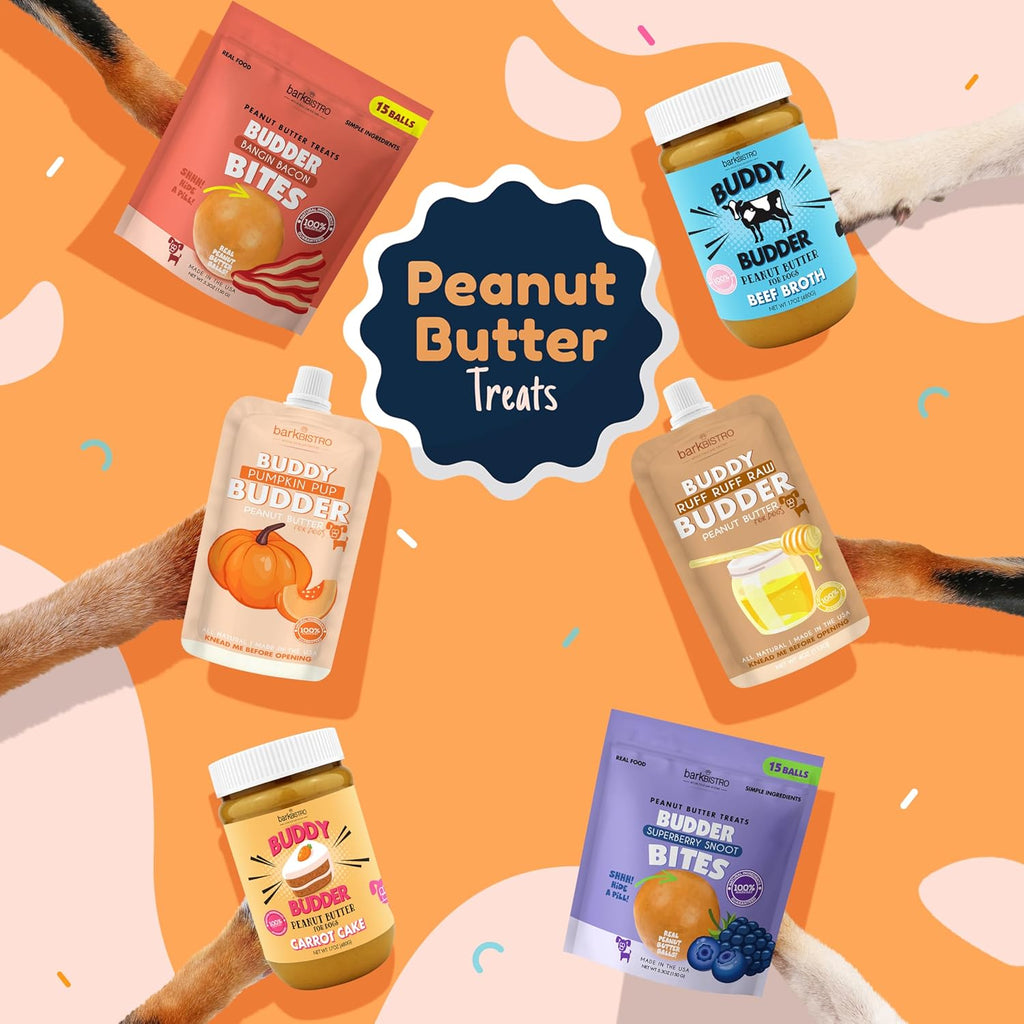 Buddy Budder dog peanut butter treats available in assorted flavors