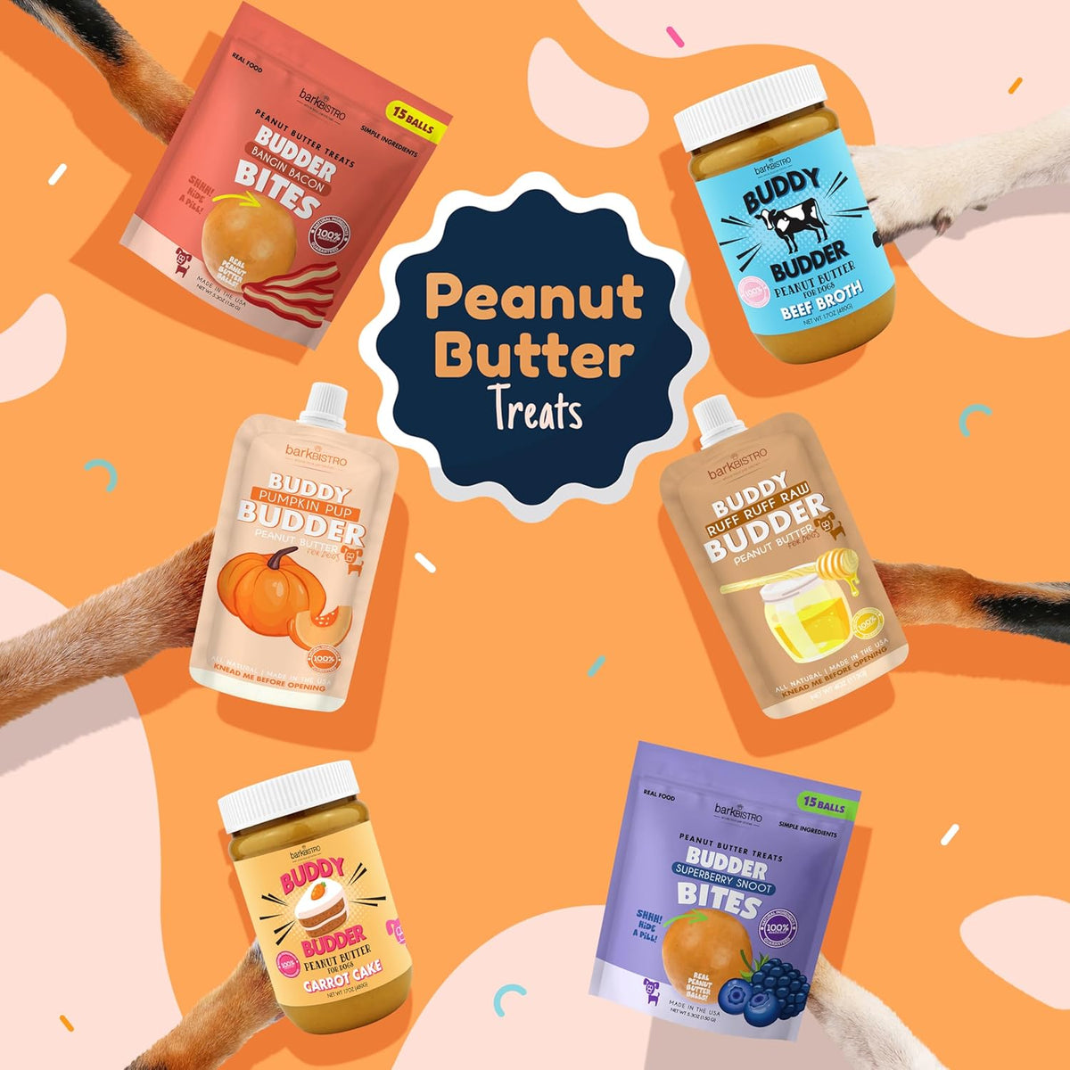 Buddy Budder dog peanut butter treats available in assorted flavors