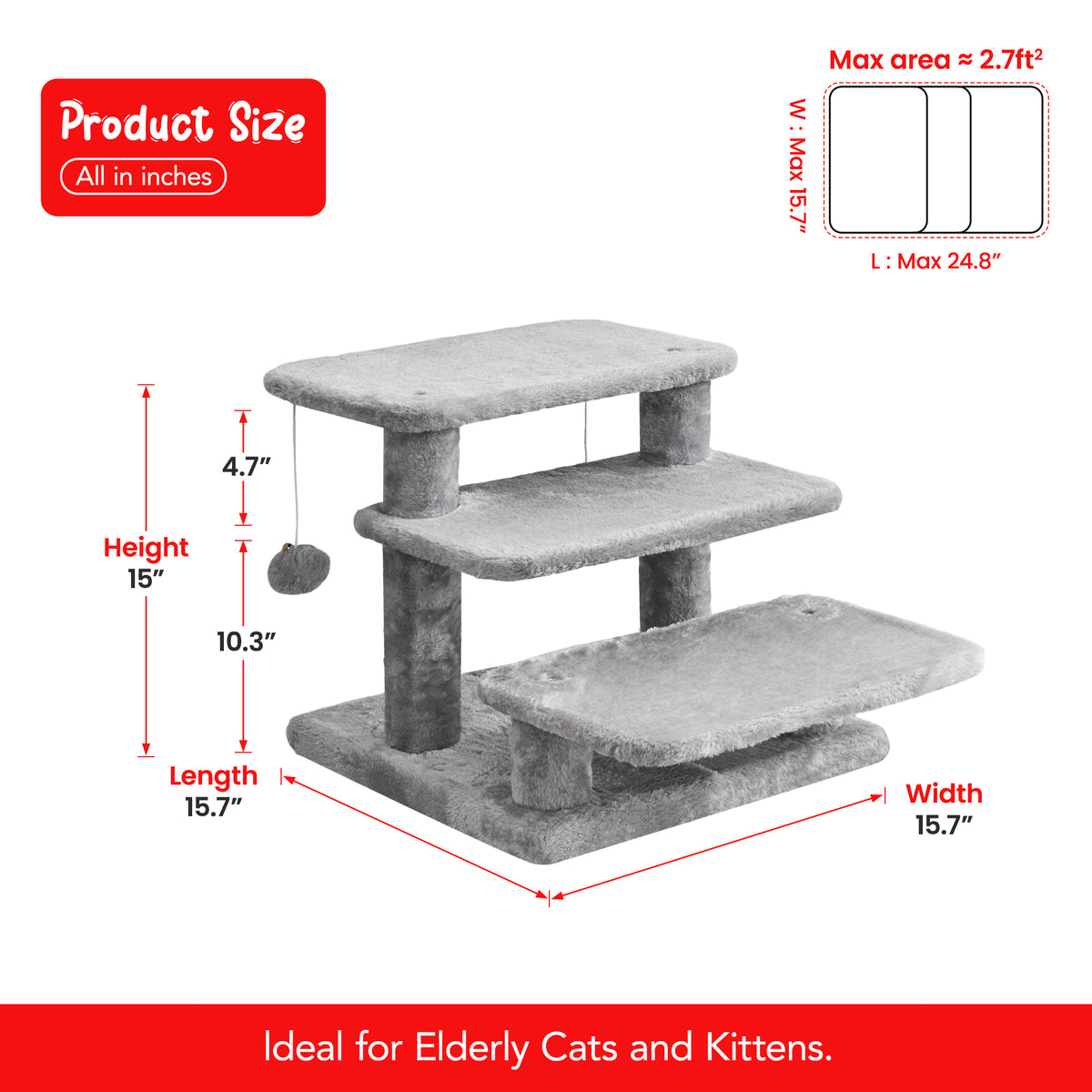 3-step pet stairs for beds and sofas with two toy balls.