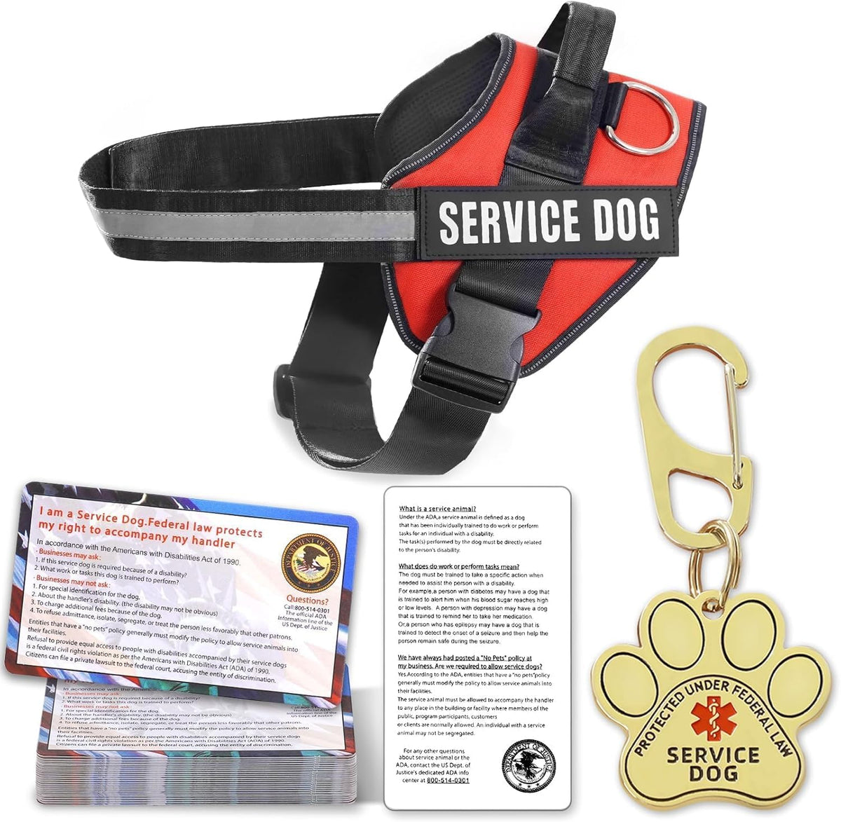 Red service dog vest kit with two patches, a metal ID tag, and 50 information cards