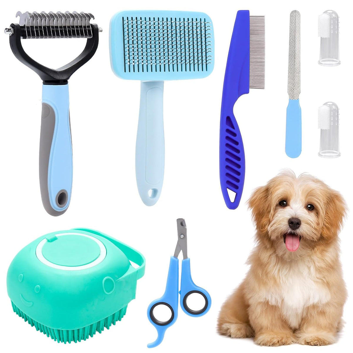 VCZONE 8 Pcs Dog Grooming Kit with Self Cleaning Tools: Nail Clipper, Flea Comb, Shampoo Brush, Shedding Brush, Dematting Comb, Silicone Toothbrush (Pink)