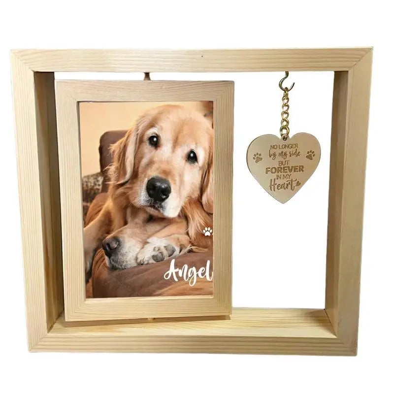 Rotating pet memorial photo frame with heart pendant.
