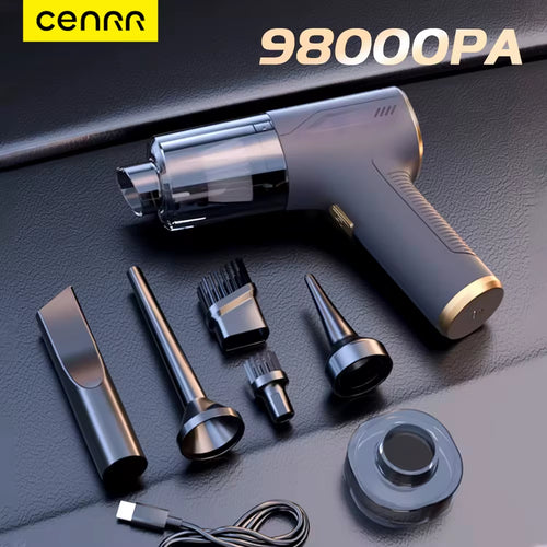 CENRR portable cordless car vacuum with handheld attachments.