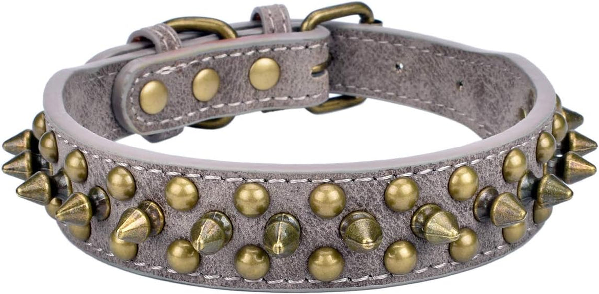 Grey spiked dog collar with antique brass spikes and hardware