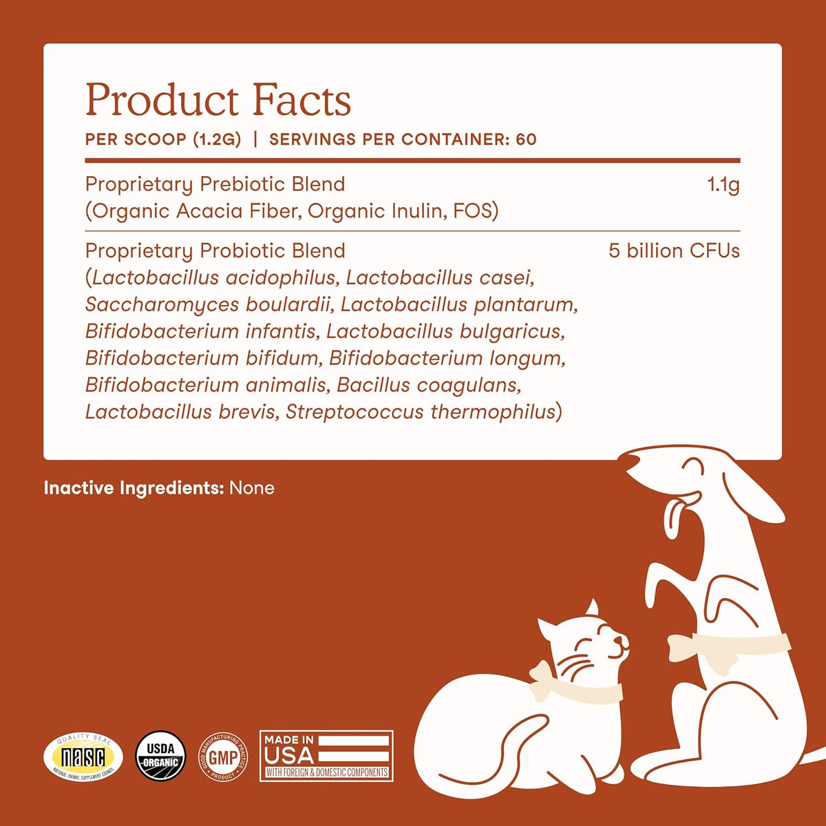 Fera Pets Organic Probiotics powder jar and scoop for dogs and cats.