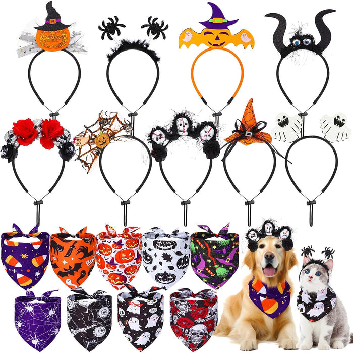18-piece Halloween dog headbands and bandanas.