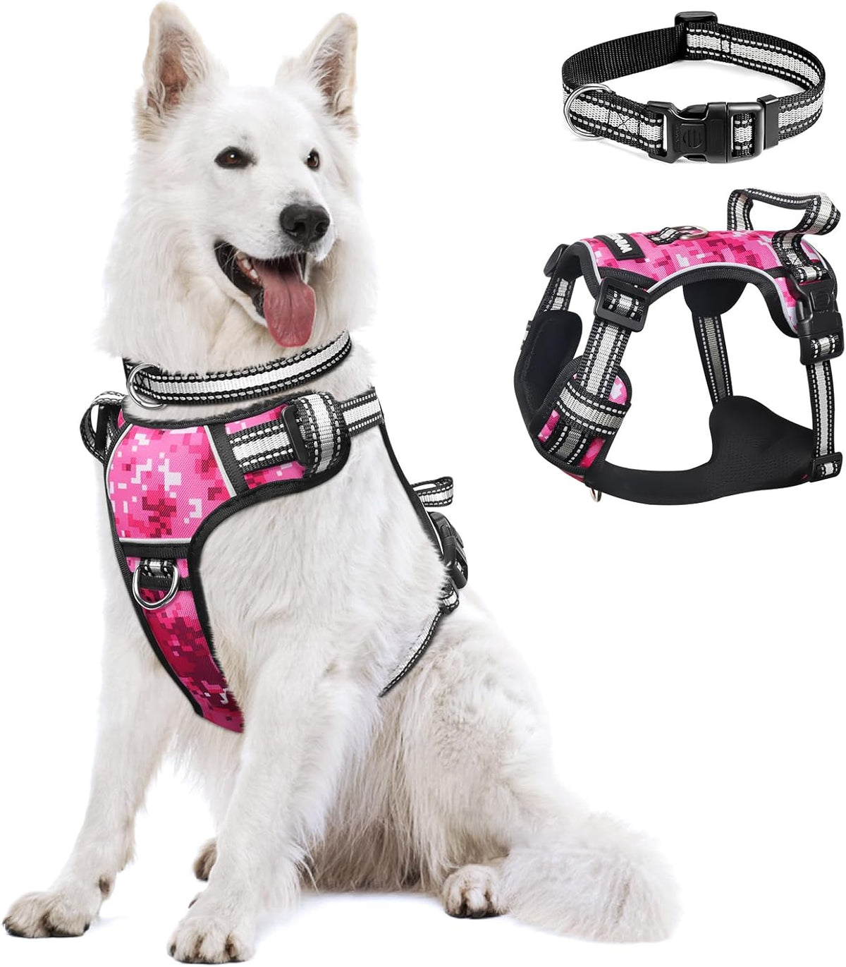 Reflective no-pull dog harness with adjustable straps and front and back leash clips.