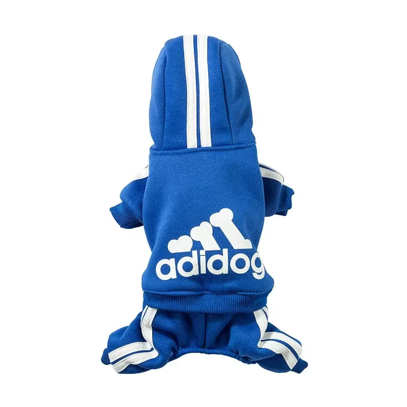 Blue Adidog dog jumpsuit with white stripes