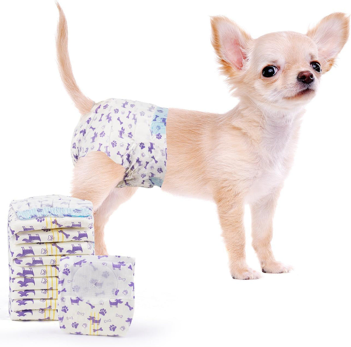 Disposable female dog diaper with absorbent padding and tail opening.