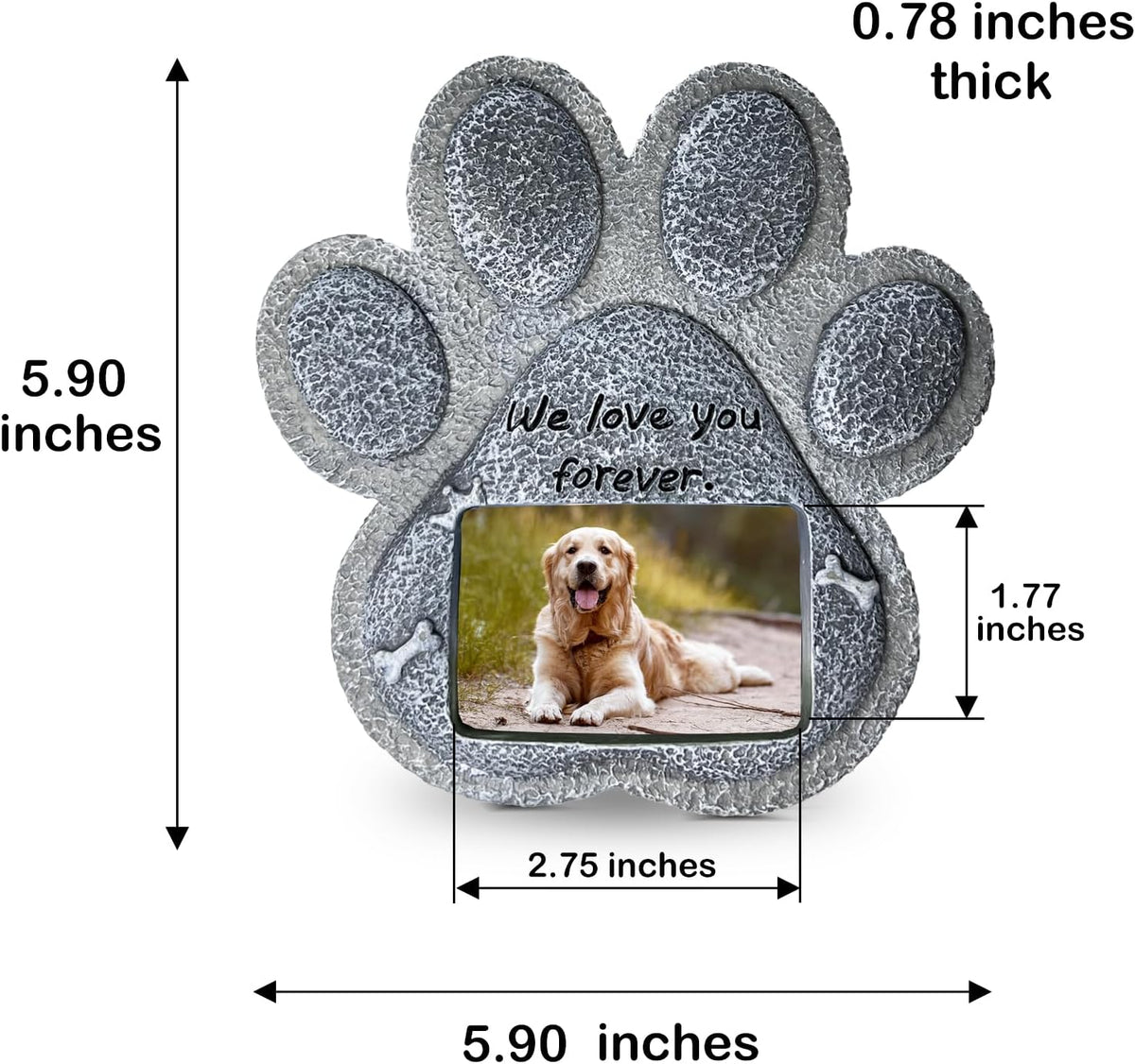 Paw-shaped pet memorial stone with engraved remembrance message.