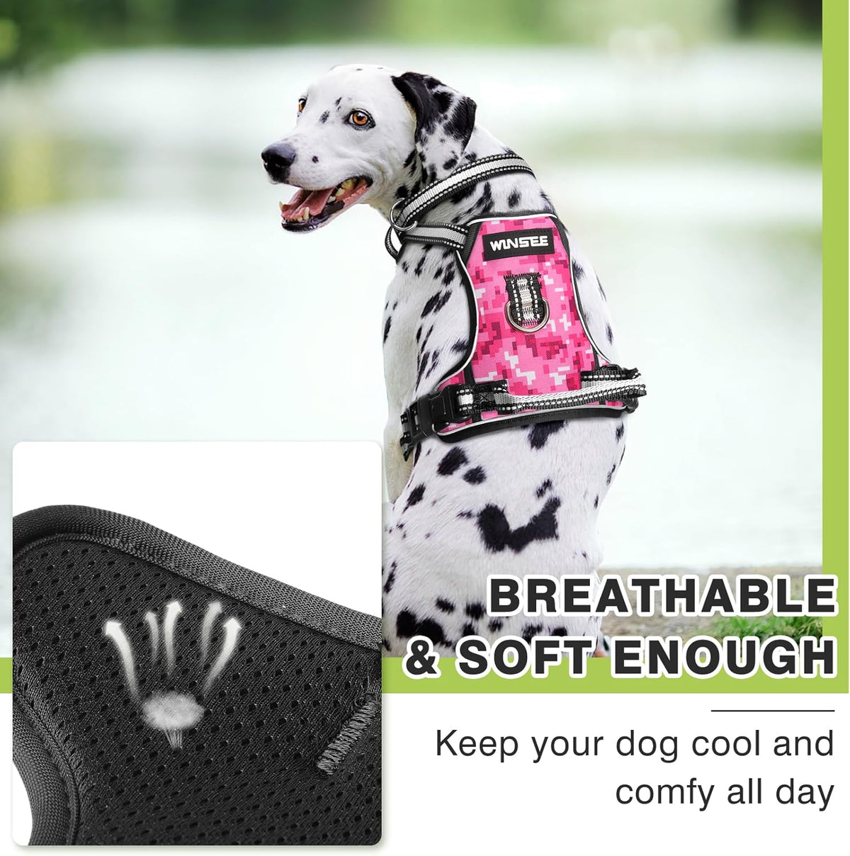 WINSEE Dog Harness No Pull, Pet Harnesses with Dog Collar, Adjustable Reflective Oxford Outdoor Vest, Front/Back Leash Clips for Small, Medium, Large, Extra Large Dogs, Easy Control Handle for Walking