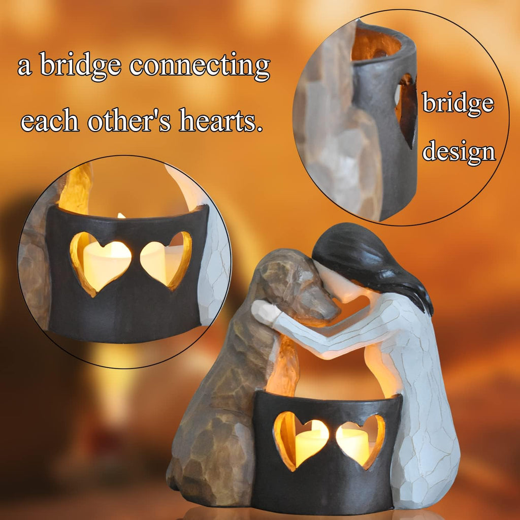 Dog memorial candle holder statue with LED candle.