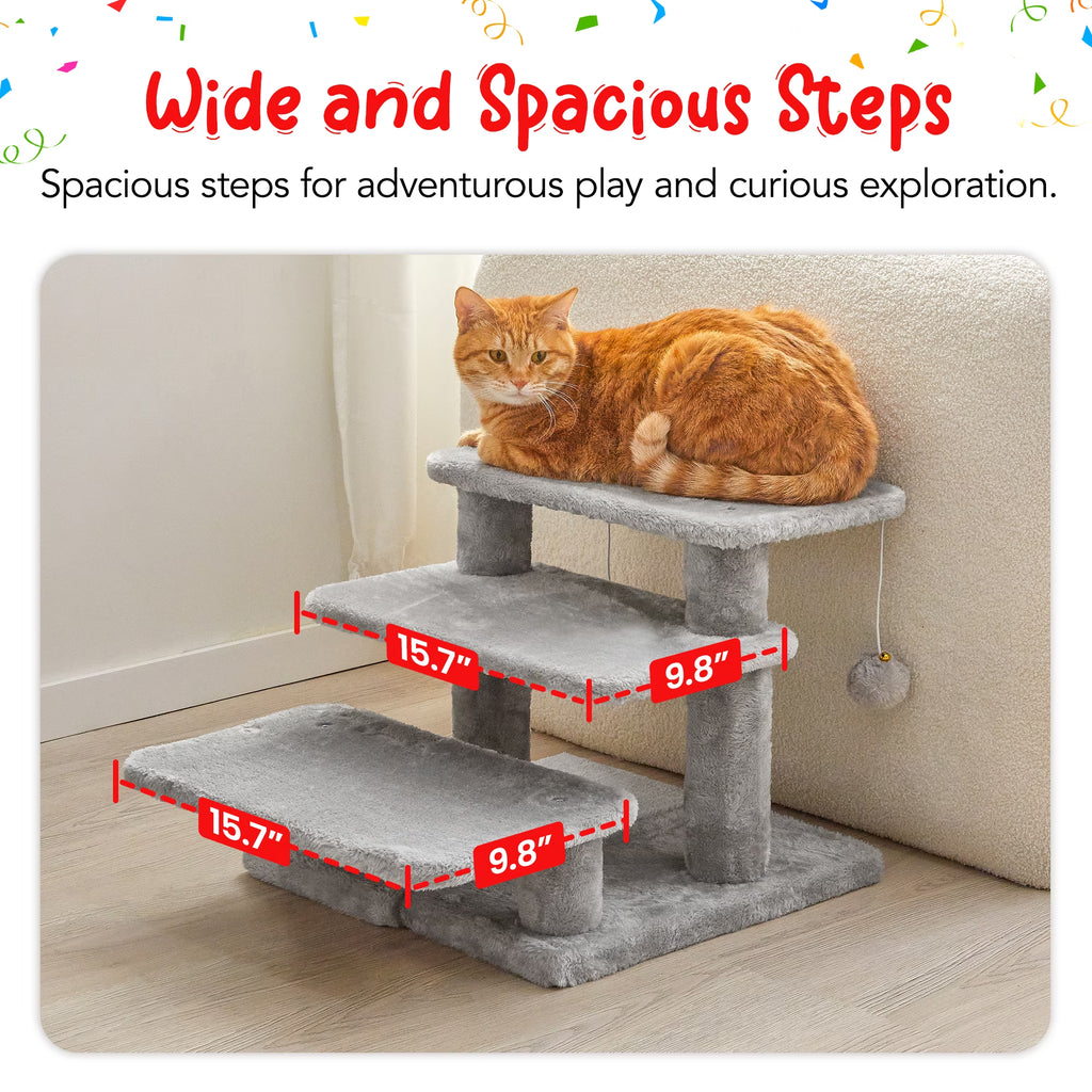 3-step pet stairs for beds and sofas with two toy balls.