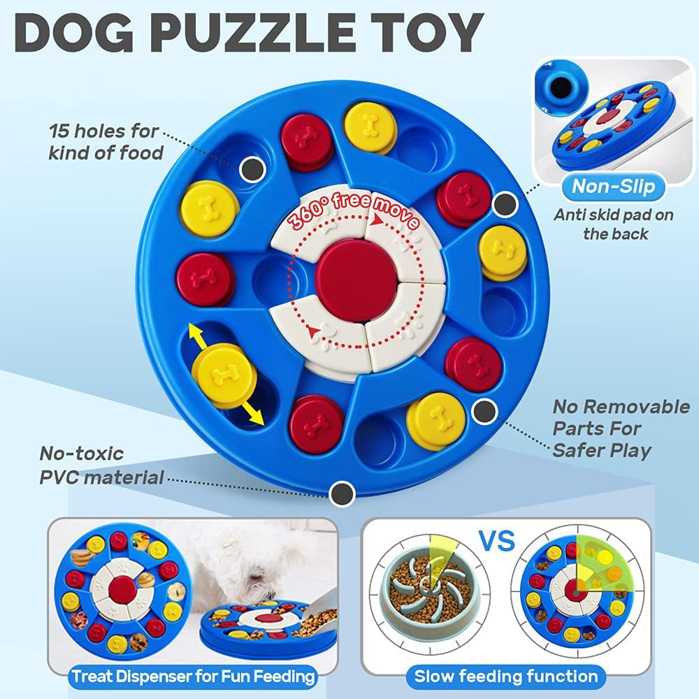 Interactive dog puzzle toy with treat dispenser.