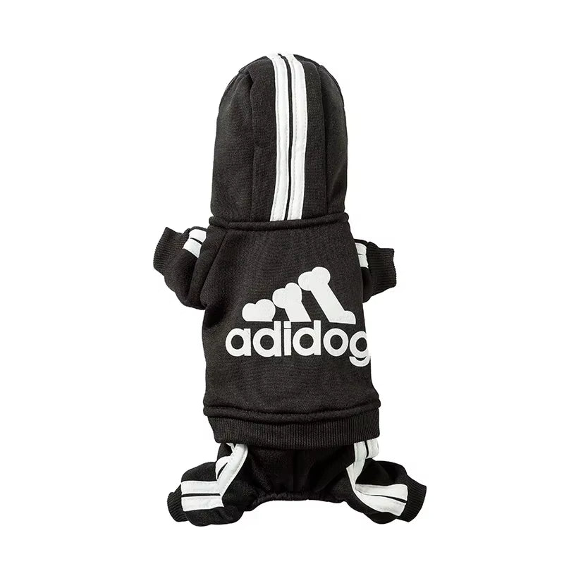 Black Adidog dog jumpsuit with white stripes