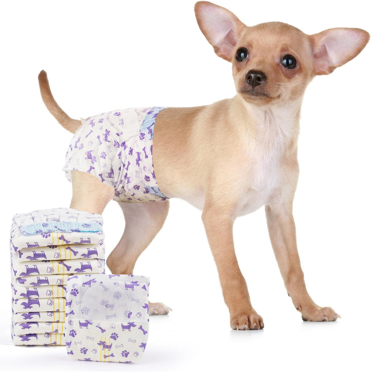 Disposable female dog diaper with absorbent padding and tail opening.