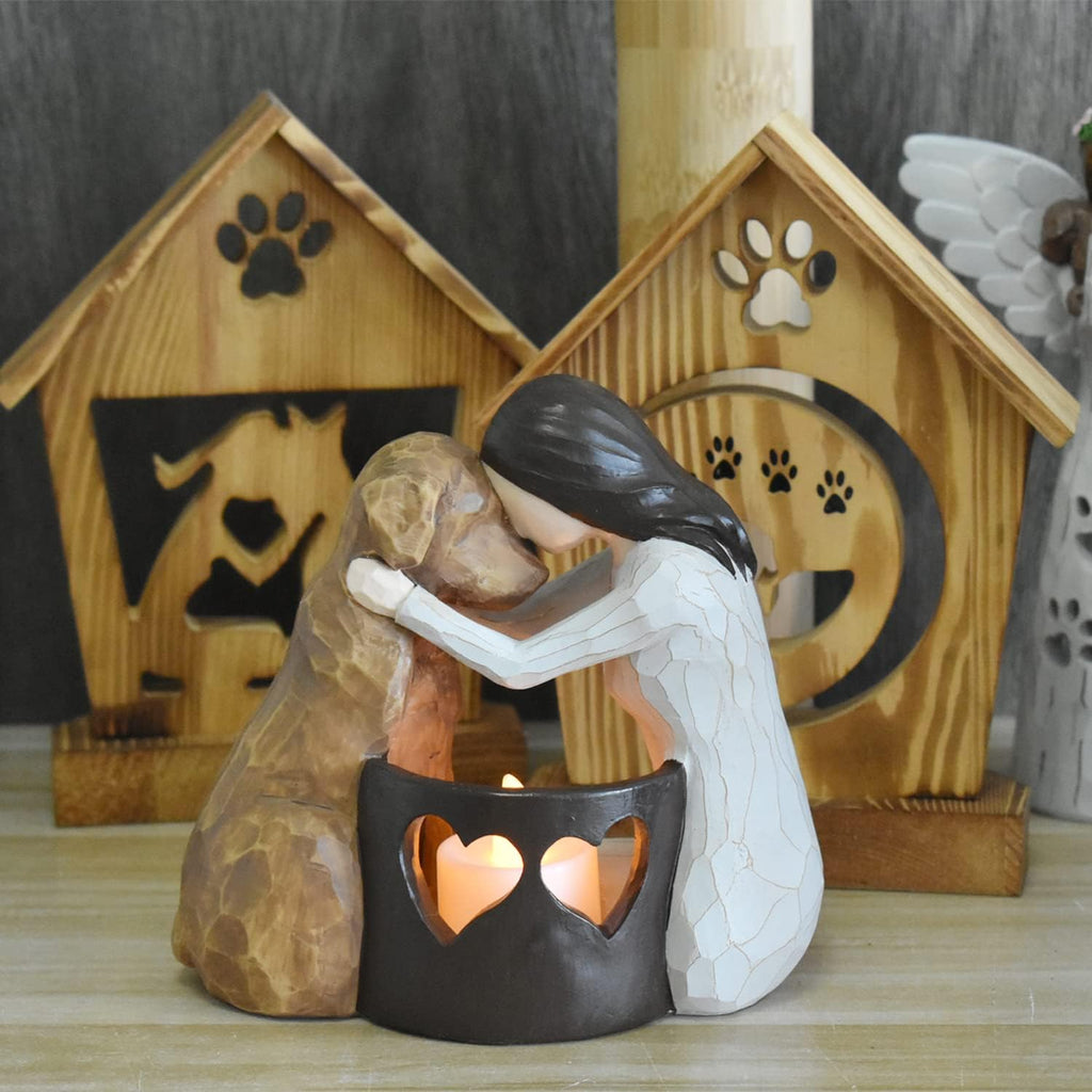 Dog memorial candle holder statue with LED candle.