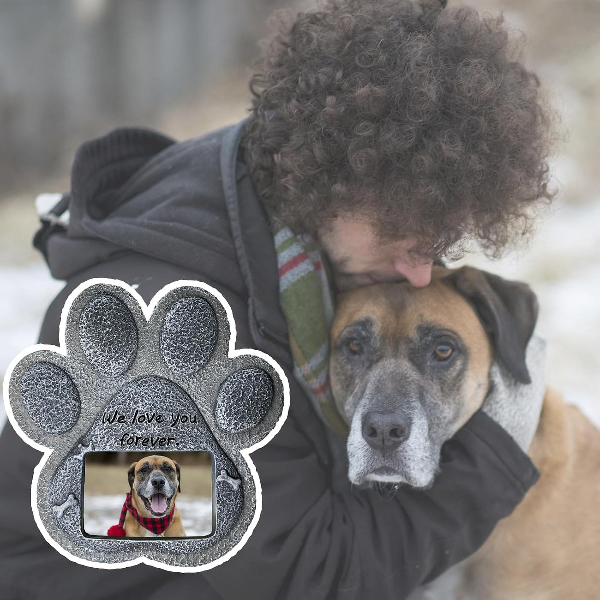 Paw-shaped pet memorial stone with engraved remembrance message.