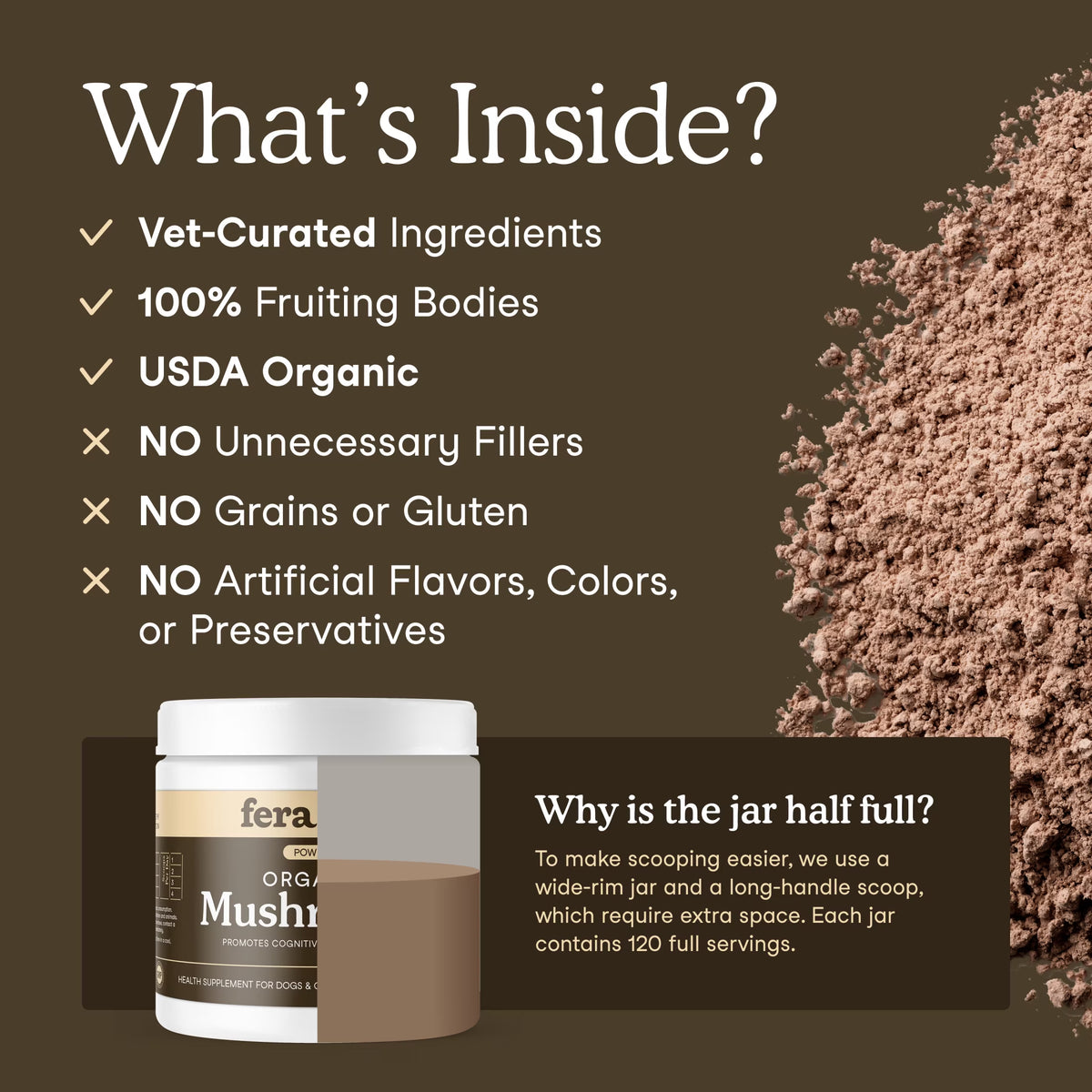 Fera Pets Organic Mushroom Powder for dogs and cats, 120 scoops.