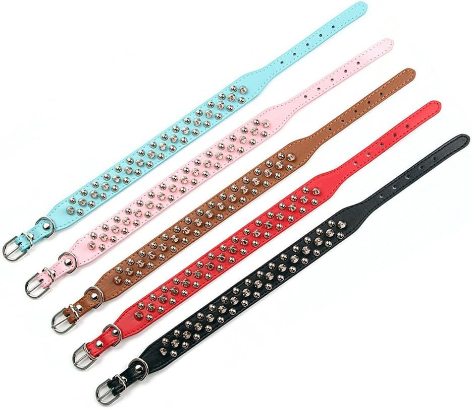 Color options of spiked pet collars in blue, pink, brown, red, and black