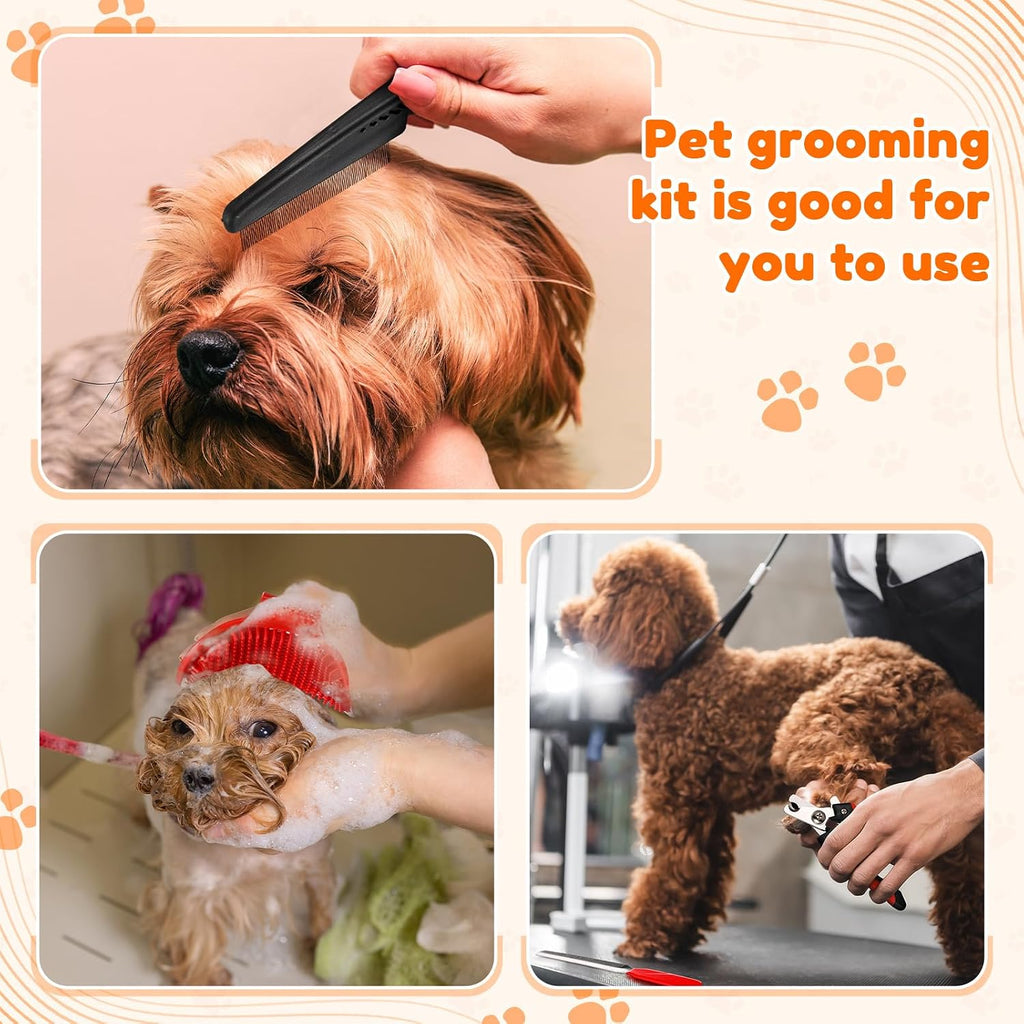Baderke 8 Pc Pet Grooming Kit - Dematting Comb, Detangling Brush, Rake, Bath Brush, Nail Clipper & File for Dogs & Cats