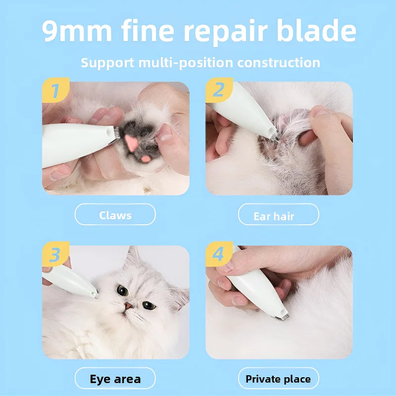 USB-rechargeable pet hair trimmer for grooming paws and small areas.