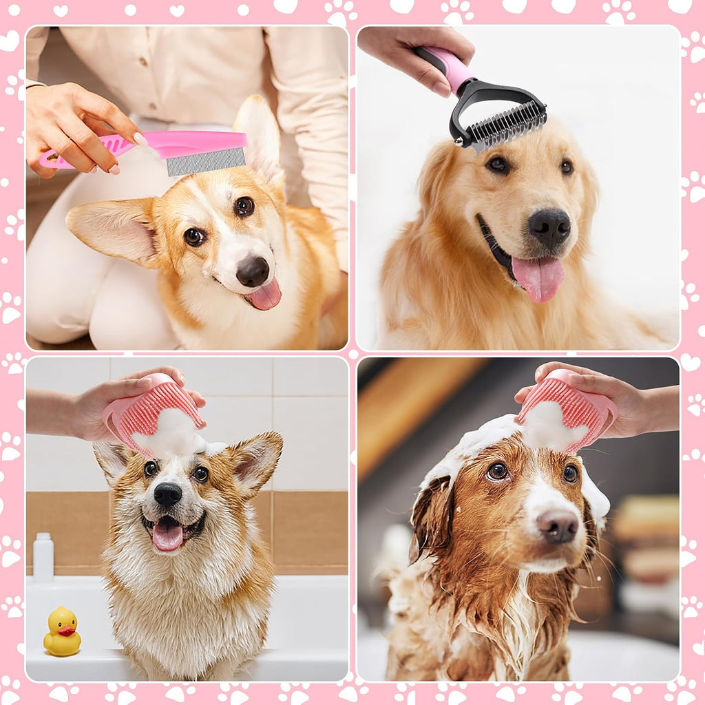 VCZONE 8 Pcs Dog Grooming Kit with Self Cleaning Tools: Nail Clipper, Flea Comb, Shampoo Brush, Shedding Brush, Dematting Comb, Silicone Toothbrush (Pink)