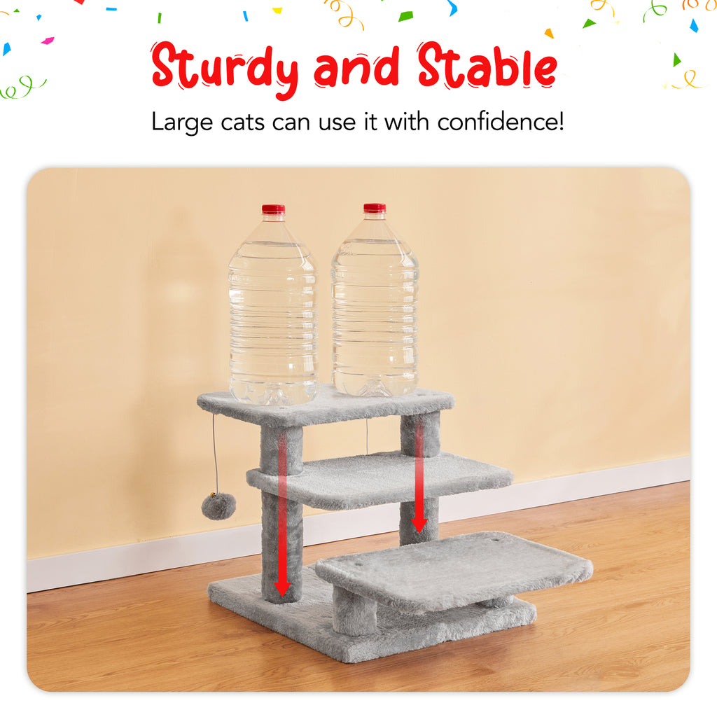 3-step pet stairs for beds and sofas with two toy balls.