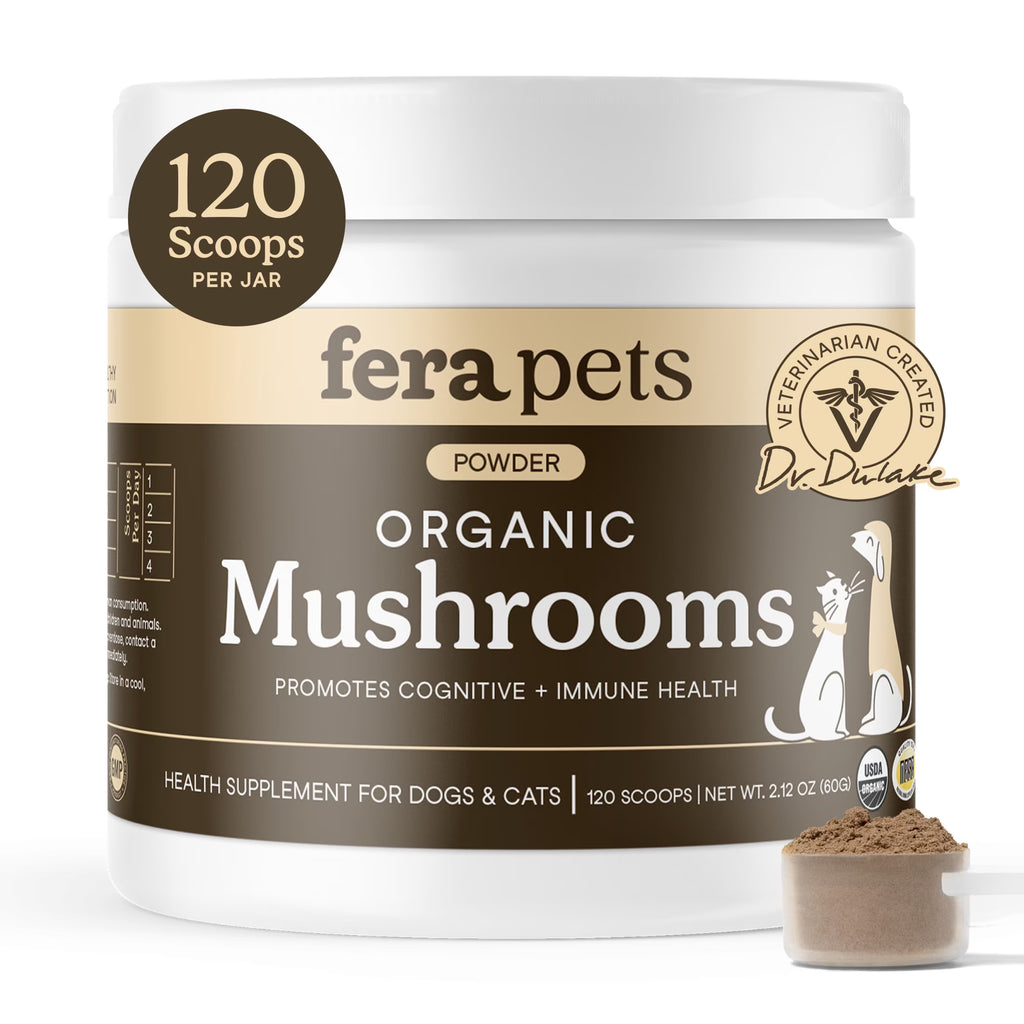 Fera Pets Organic Mushroom Powder for dogs and cats, 120 scoops.
